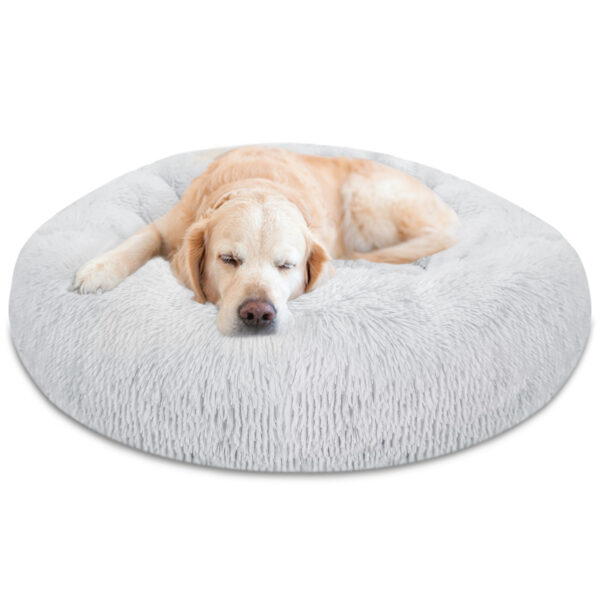 (GRAY, L) DOG BED, CAT BED, PET BED, ANTI-ANXIETY, SOFT, COMFORTABLE, MACHINE WASHABLE DONUT BED, GREY, LARGE (35" X 35") OPEN BOX